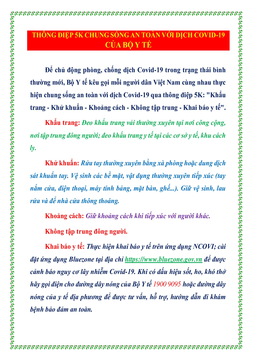 Bộ Y tế truyền thông điệp 5K chung sống an toàn với dịch COVID-19