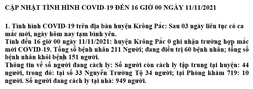 Cập nhập tình hình phòng, chống dịch COVI-19 trên địa bàn huyện Krông Pắc (tính đến 16 giờ 00 phút ngày 11/11/2021)