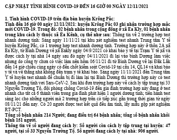 Cập nhập tình hình phòng, chống dịch COVI-19 trên địa bàn huyện Krông Pắc (tính đến 16 giờ 00 phút ngày 12/11/2021)