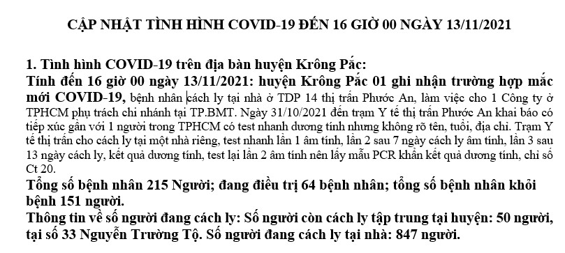 Cập nhập tình hình phòng, chống dịch COVI-19 trên địa bàn huyện Krông Pắc (tính đến 16 giờ 00 phút ngày 13/11/2021)