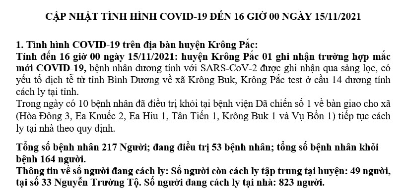 Cập nhập tình hình phòng, chống dịch COVI-19 trên địa bàn huyện Krông Pắc (tính đến 16 giờ 00 phút ngày 15/11/2021)