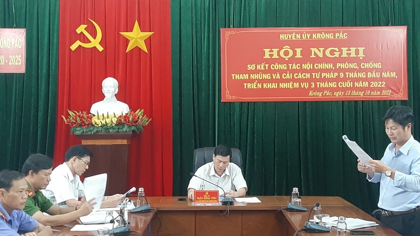 Huyện ủy Krông Pắc sơ kết công tác nội chính, phòng, chống tham nhũng, tiêu cực và cải cách Tư pháp 9 tháng đầu năm 2022