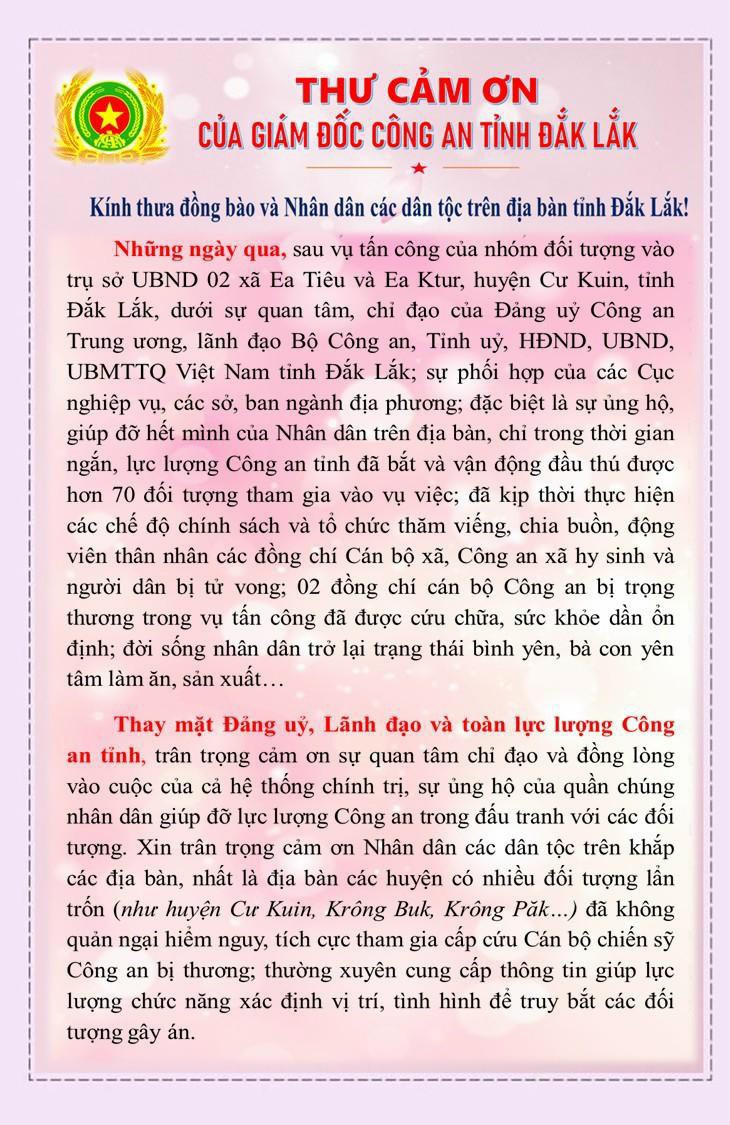 Thư cảm ơn của Giám đốc Công an tỉnh Đắk Lắk