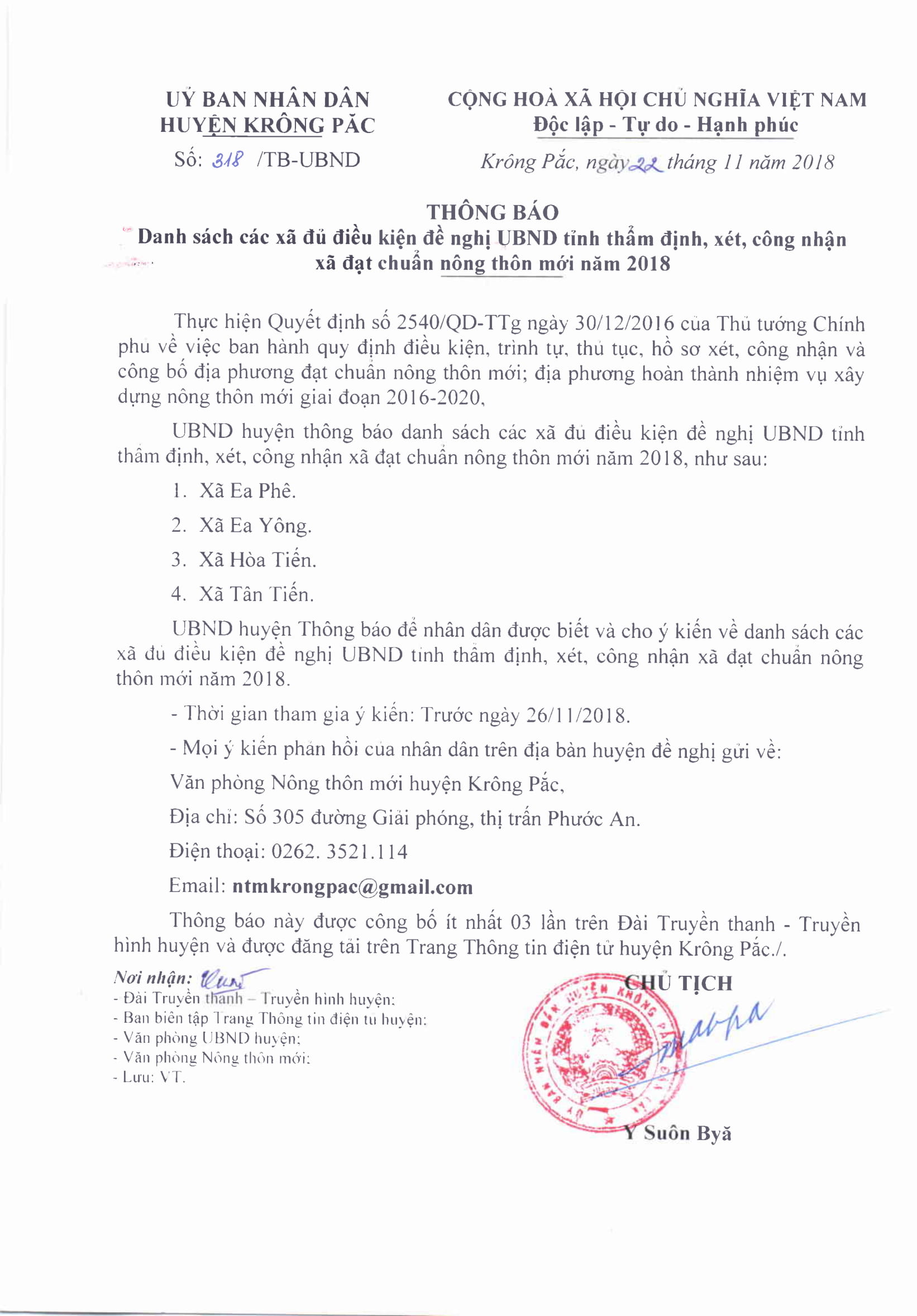 Thông báo danh sách các xã đủ điều kiện đề nghị UBND tỉnh thẩm định, xét, công nhận xã đạt chuẩn nông thôn mới năm 2018