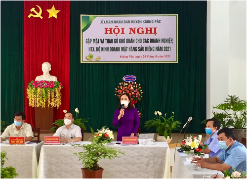 Chiều ngày 26/8/2021, UBND huyện Krông Pắc tổ chức Hội nghị gặp mặt và tháo gỡ khó khăn cho các Doanh nghiệp, Hợp tác xã, Hộ kinh doanh, mua, bán nông sản Sầu Riêng năm 2021. Tham dự hội nghị có ông Trần Quốc Vĩnh - Phó Bí thư thường trực Huyện uỷ,
