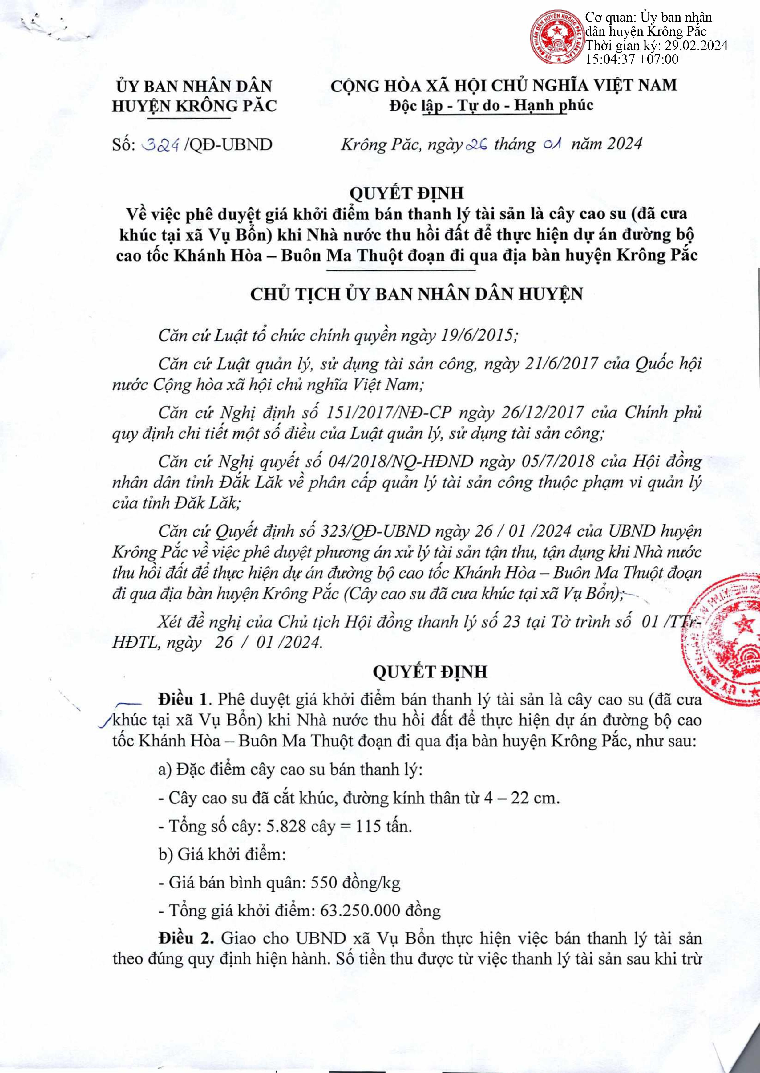 UBND XÃ VỤ BỔN THÔNG BÁO BÁN THANH LÝ CÂY CAO SU