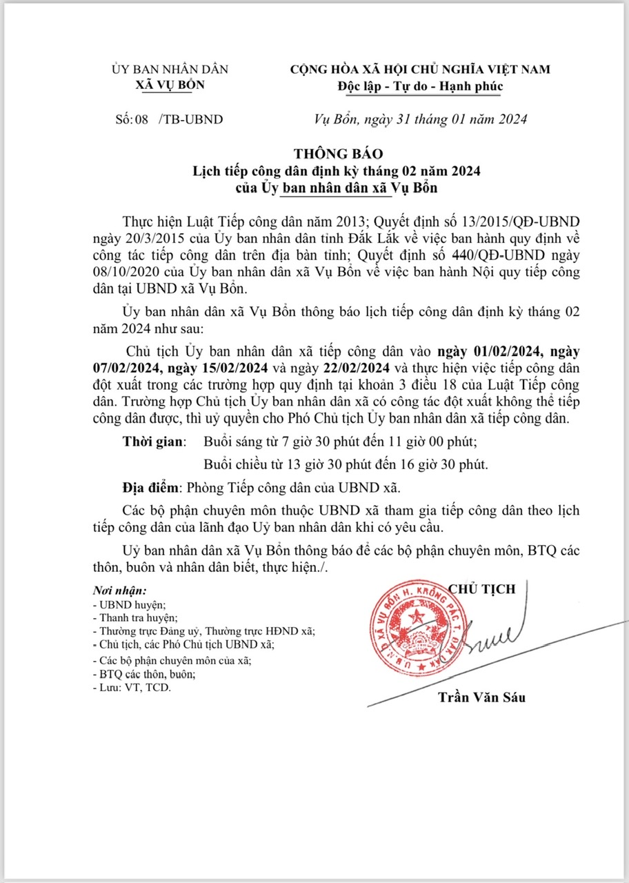 LỊCH TIẾP CÔNG DÂN ĐỊNH KỲ THÁNG 02 NĂM 2024 CỦA UỶ BAN NHÂN DÂN XÃ VỤ BÔN