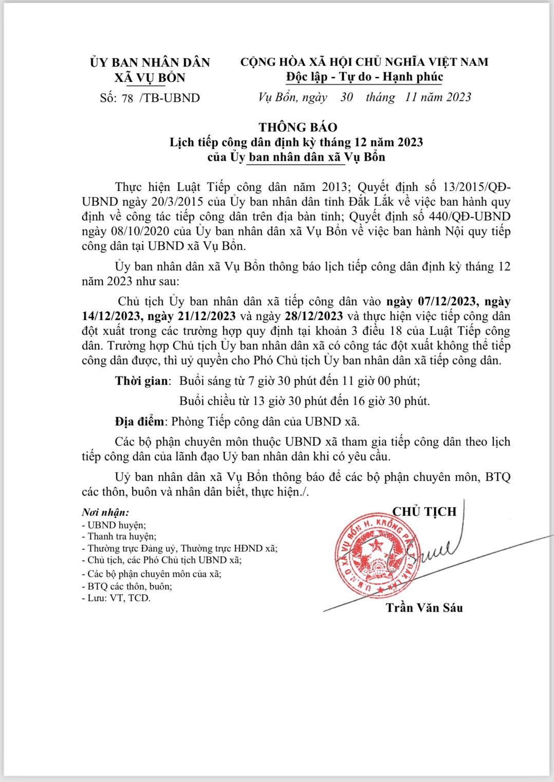 Thông Báo: Lịch Tiếp Công Dân tháng 12 năm 2023 của UBND xã Vụ Bổn.