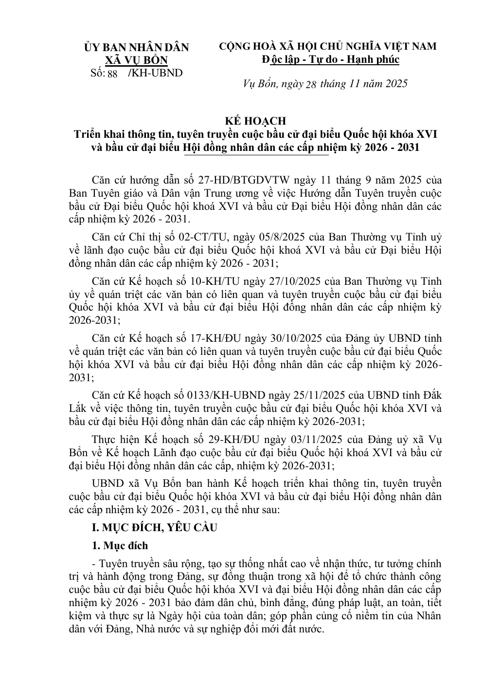 KẾ HOẠCH TRIỂN KHAI THÔNG TIN, TUYÊN TRUYỀN CUỘC BẦU CỬ ĐẠI BIỂU QUỐC HỘI KHÓA XVI VÀ BẦU CỬ ĐẠI BIỂU HỘI ĐỒNG NHÂN DÂN CÁC CẤP NHIỆM KỲ 2026 - 2031