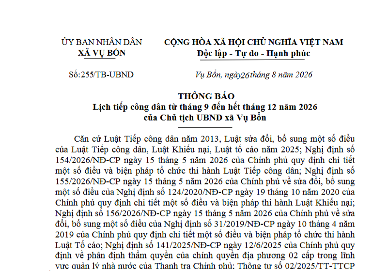 THÔNG BÁO LỊCH TIẾP CÔNG DÂN TỪ THÁNG 9 ĐẾN HẾT THÁNG 12 NĂM 2026 CỦA CHỦ TỊCH UBND XÃ VỤ BỔN