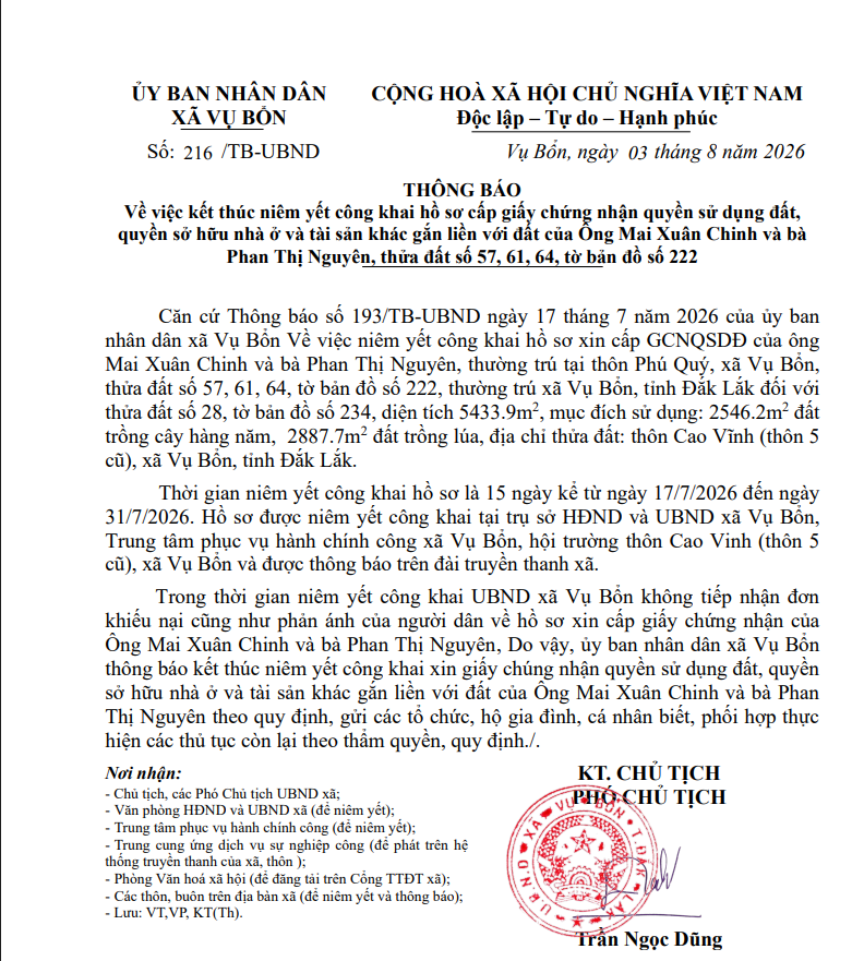 THÔNG BÁO VỀ VIỆC KẾT THÚC NIÊM YẾT CÔNG KHAI HỒ SƠ CẤP GIẤY CHỨNG NHẬN QUYỀN SỬ DỤNG ĐẤT, QUYỀN SỞ HỮU NHÀ Ở VÀ TÀI SẢN KHÁC GẮN LIỀN VỚI ĐẤT CỦA ÔNG MAI XUÂN CHINH VÀ BÀ PHAN THỊ NGUYÊN