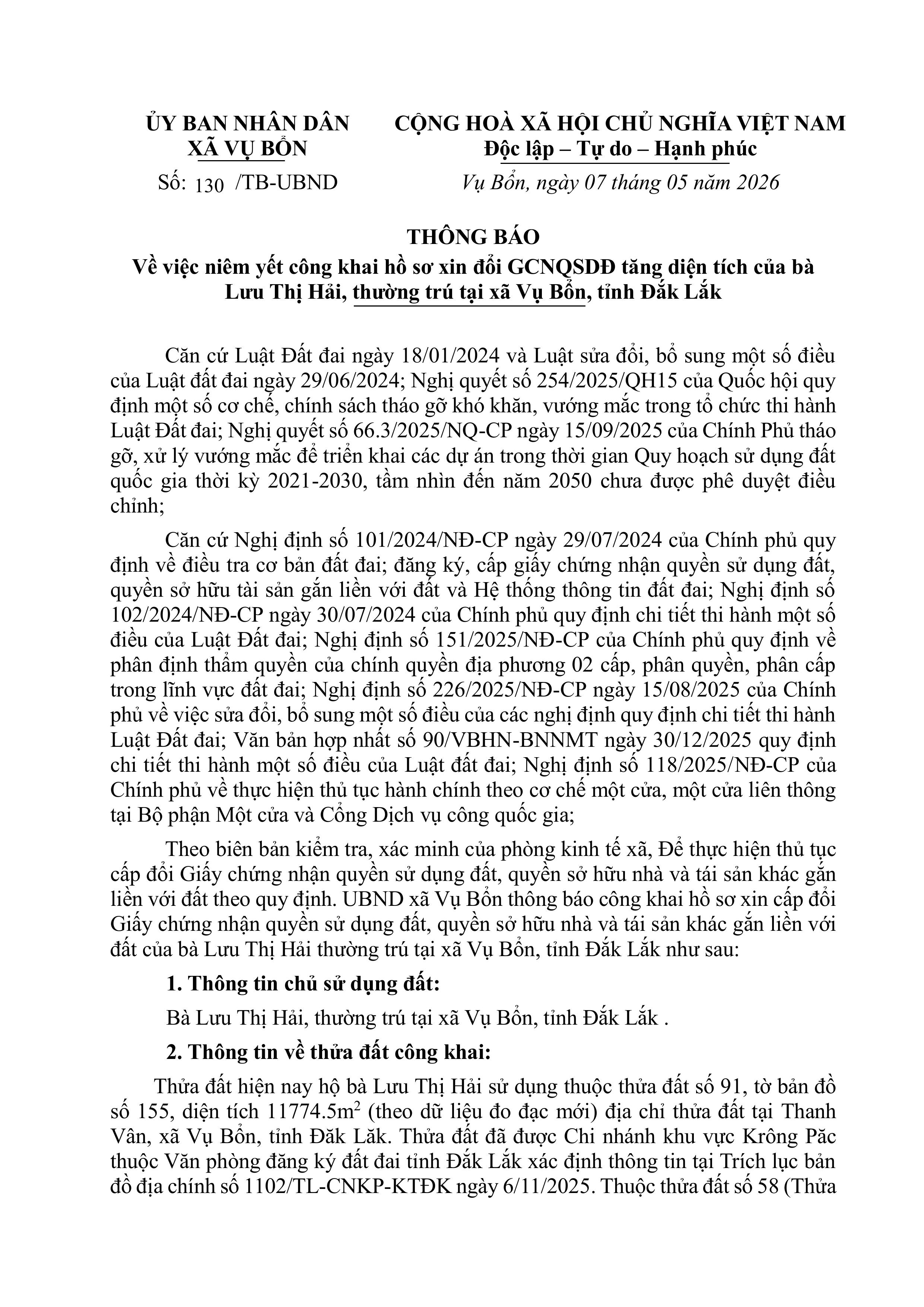 THÔNG BÁO VỀ VIỆC NIÊM YẾT CÔNG KHAI HỒ SƠ XIN ĐỔI GCNQSDĐ TĂNG DIỆN TÍCH CỦA BÀ LƯU THỊ HẢI, THƯỜNG TRÚ TẠI XÃ VỤ BỔN, TỈNH ĐẮK LẮK
