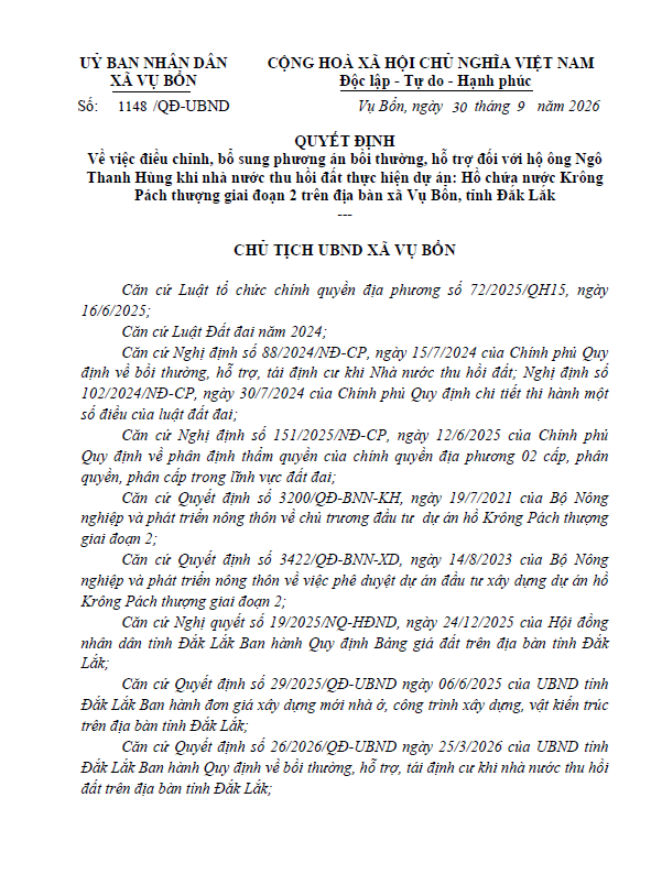 QUYẾT ĐỊNH VỀ VIỆC ĐIỀU CHỈNH, BỔ SUNG PHƯƠNG ÁN BỒI THƯỜNG, HỖ TRỢ ĐỐI VỚI HỘI ÔNG NGÔ THANH HÙNG KHI NHÀ NƯỚC THU HỒI ĐẤT  THỰC HIỆN DỰ ÁN: HỒ CHỨA NƯỚC KRÔNG PÁCH THƯỢNG GIAI ĐOẠN 2 TRÊN ĐỊA BÀN XÃ VỤ  BỔN, TỈNH ĐẮK LẮK
