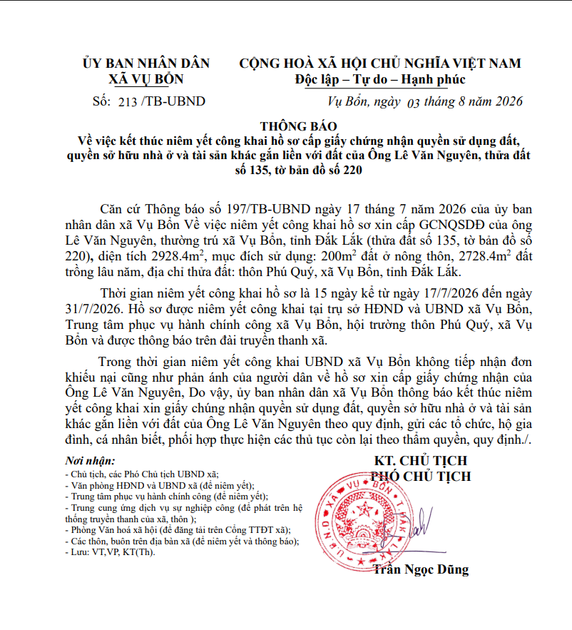 THÔNG BÁO VỀ VIỆC KẾT THÚC NIÊM YẾT CÔNG KHAI HỒ SƠ CẤP GIẤY CHỨNG NHẬN QUYỀN SỬ DỤNG ĐẤT, QUYỀN SỞ HỮU NHÀ Ở VÀ TÀI SẢN KHÁC GẮN LIỀN VỚI ĐẤT CỦA ÔNG LÊ VĂN NGUYÊN