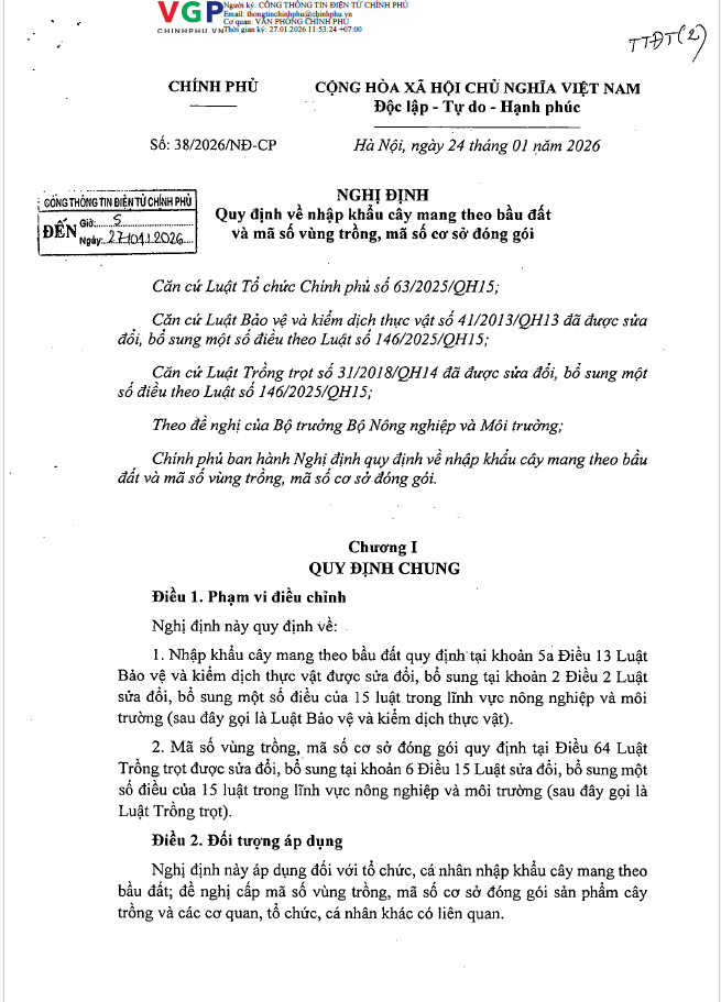NGHỊ ĐỊNH SỐ 38/2026/NĐ-CP NGÀY 24/01/2026 CỦA CHÍNH PHỦ QUY ĐỊNH VỀ NHẬP KHẨU CÂY MANG THEO BẦU ĐẤT VÀ MÃ SỐ VÙNG TRỒNG, MÃ SỐ CƠ SỞ ĐÓNG GÓI